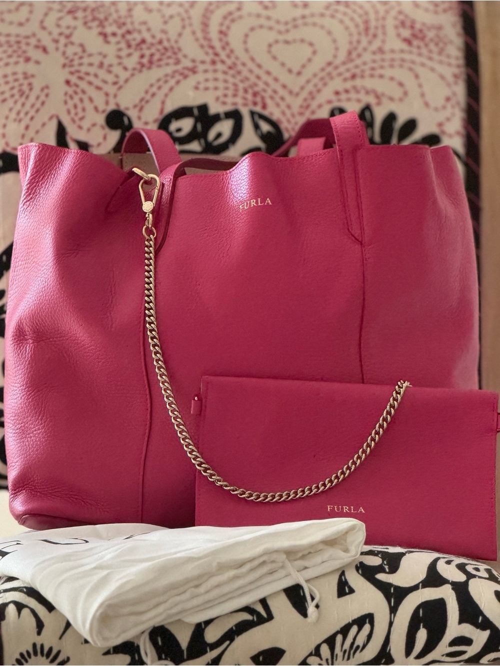 FURLA Elle Pink Saffiano Leather Tote with Gold-Tone Chain, Wallet, Dusty
